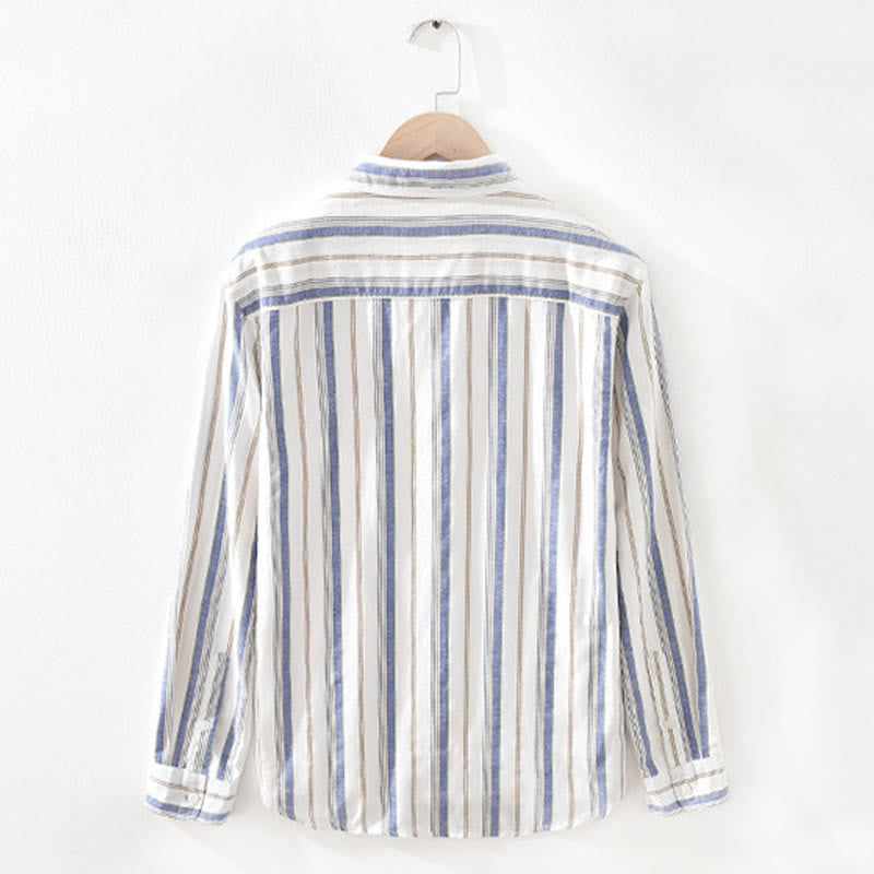 Buddha Stones秋 ストライプ 装飾ポケット ボタンダウン 長袖 七分袖 半袖 メンズ コットンシャツ - image 2