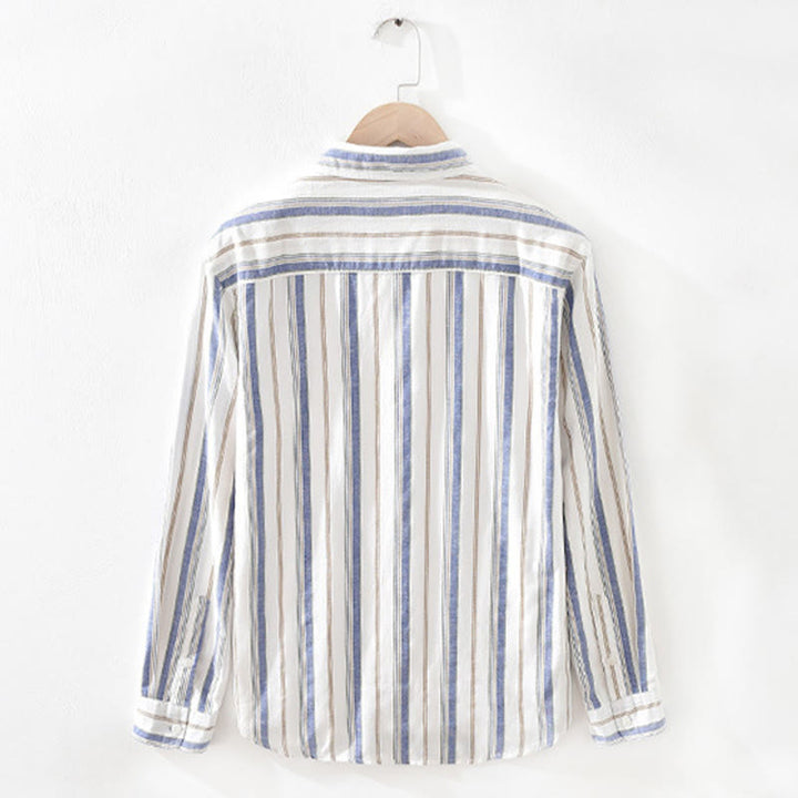 Buddha Stones秋 ストライプ 装飾ポケット ボタンダウン 長袖 七分袖 半袖 メンズ コットンシャツ - image 2