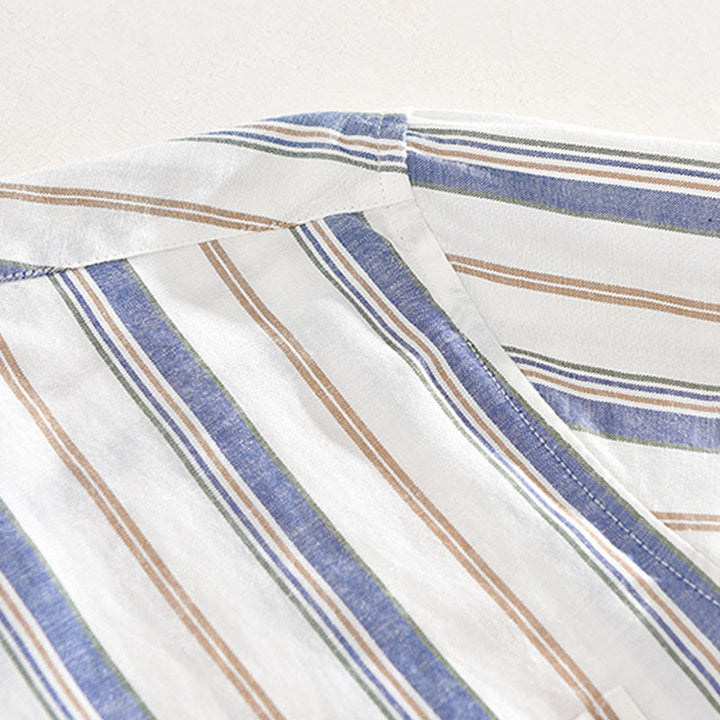 Buddha Stones秋 ストライプ 装飾ポケット ボタンダウン 長袖 七分袖 半袖 メンズ コットンシャツ - image 5