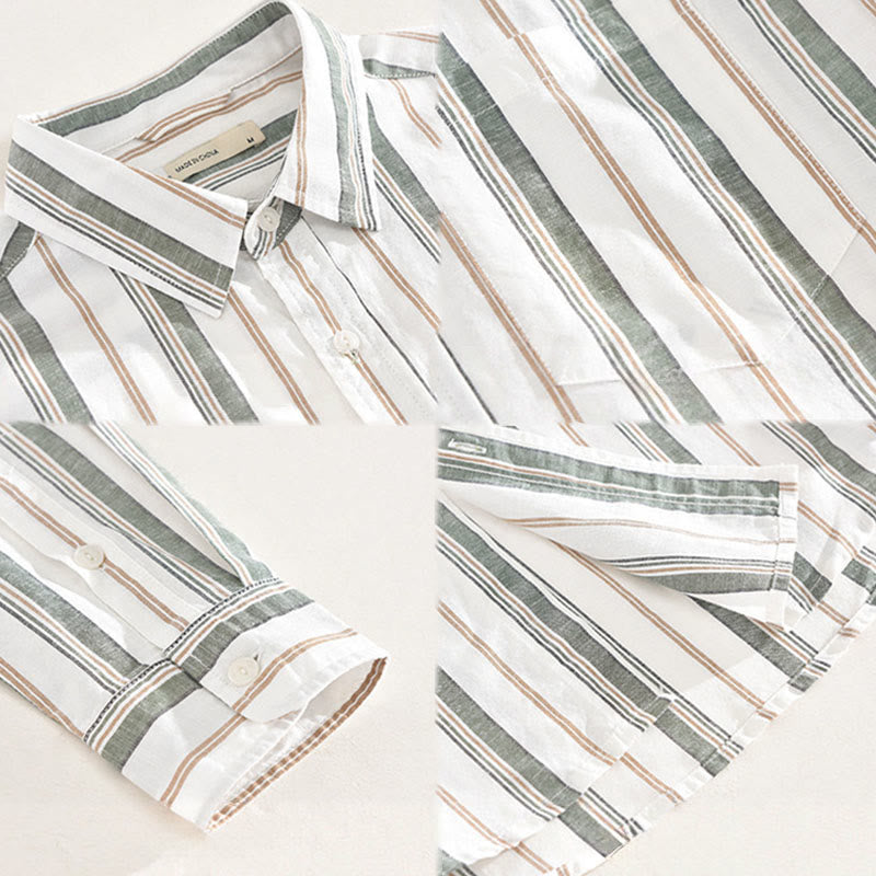 Buddha Stones秋 ストライプ 装飾ポケット ボタンダウン 長袖 七分袖 半袖 メンズ コットンシャツ - image 17