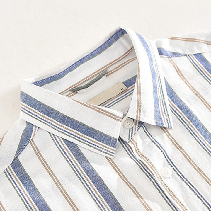 Buddha Stones秋 ストライプ 装飾ポケット ボタンダウン 長袖 七分袖 半袖 メンズ コットンシャツ - image 3