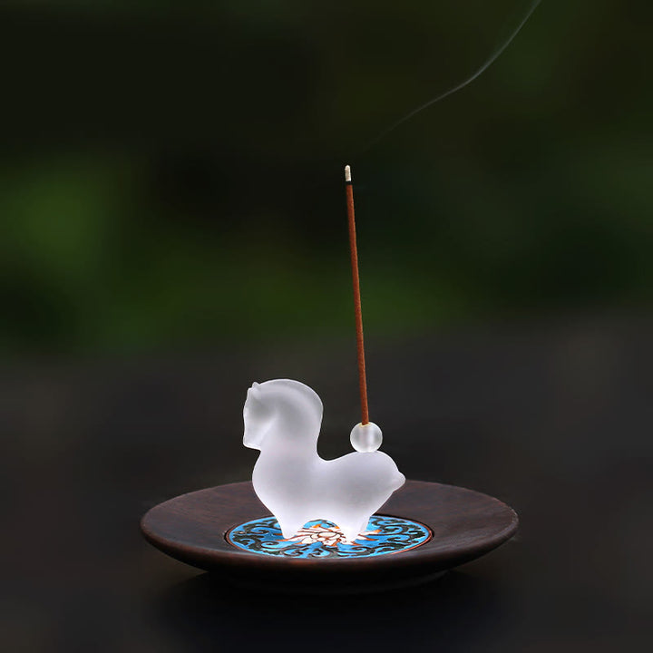 Buddha Stones馬年 蓮の実 蓮の葉 瑠璃 クリスタルアート作品 自宅 オフィス エネルギー装飾 - 香穴と木製パッド付き馬 - image 13