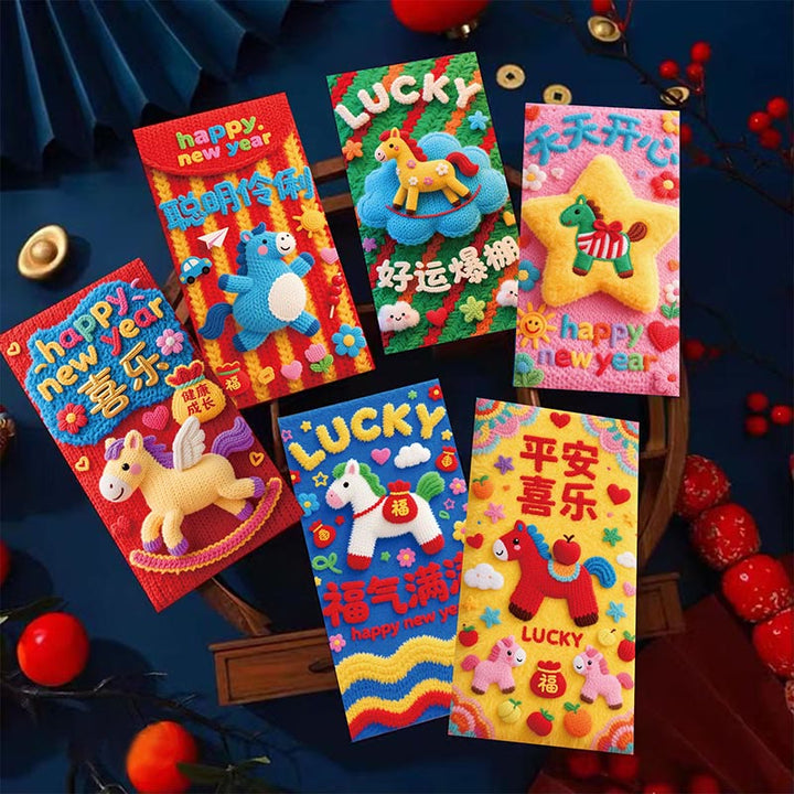 Buddha Stones午年 2026 新年 幸運 6個 刺繍 中国製 赤封筒 - 馬の赤い封筒（16.6×8.8cm） - image 0