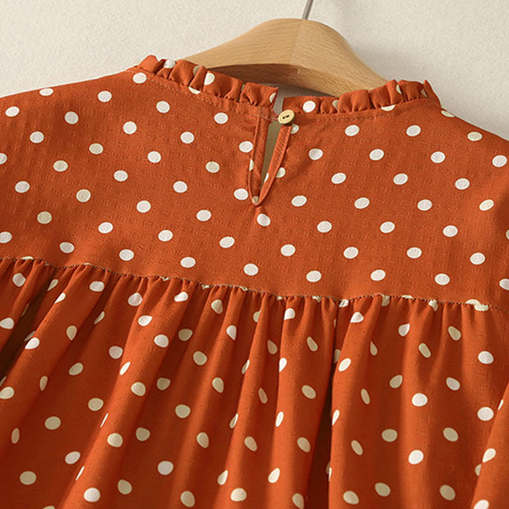 Buddha Stones秋冬 水玉模様 クルーネック 長袖 コットン レディース ミディドレス - image 3