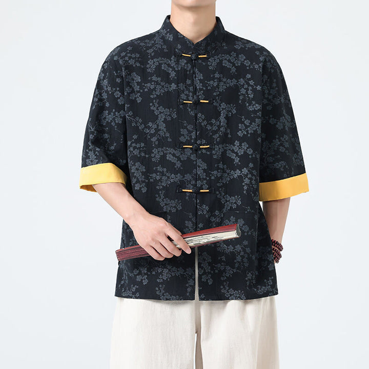 Buddha Stones夏 桃の花柄 中国風 カエルボタン コットンリネン 半袖 メンズシャツ - 黒 - US/UK/AU46、 EU56 (5XL) - image 0