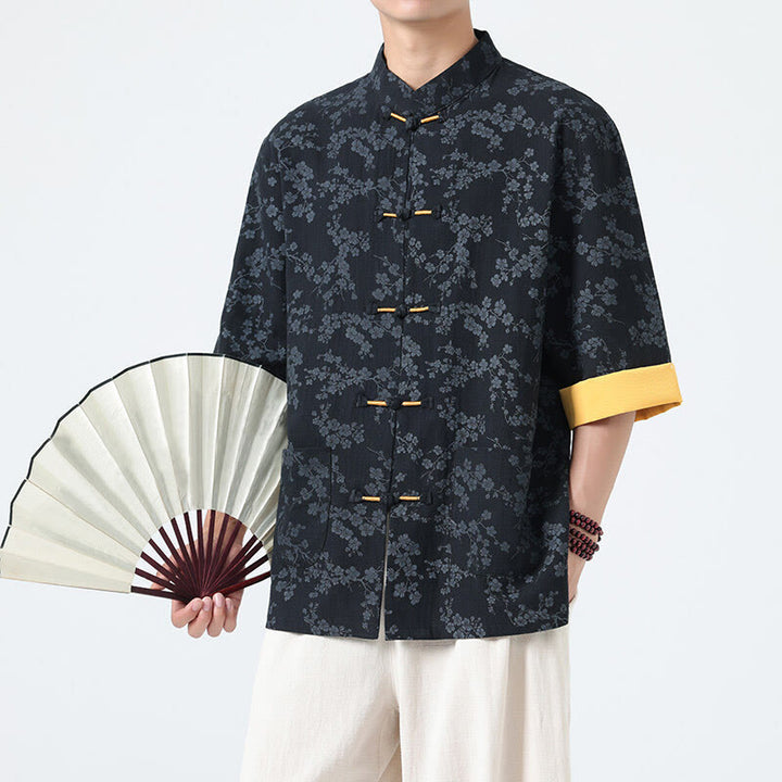 Buddha Stones夏 桃の花柄 中国風 カエルボタン コットンリネン 半袖 メンズシャツ - image 1