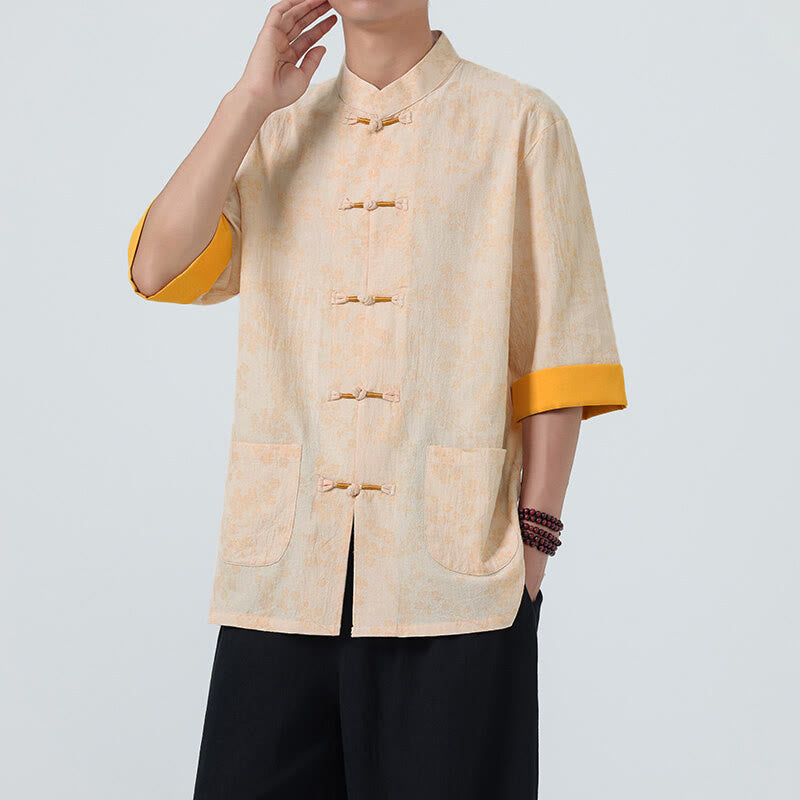 Buddha Stones夏 桃の花柄 中国風 カエルボタン コットンリネン 半袖 メンズシャツ - image 11