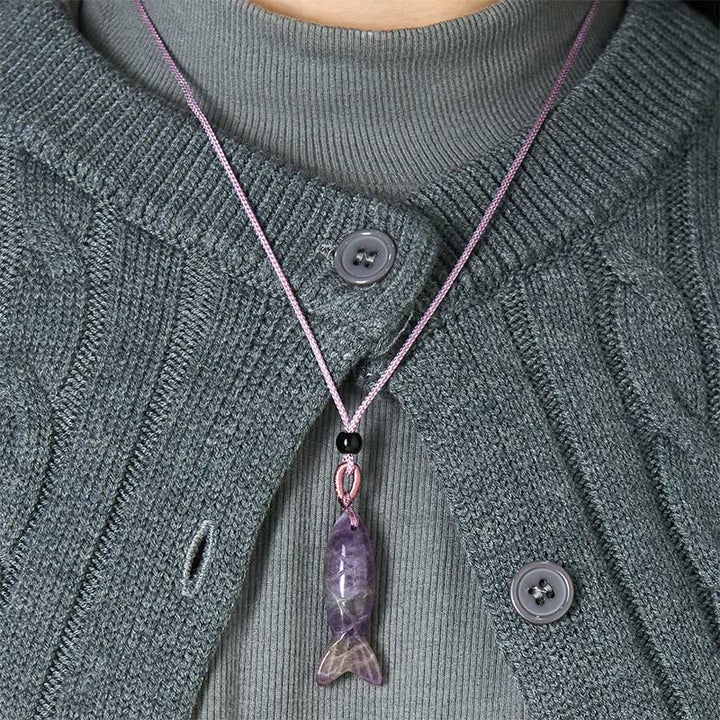 Buddha Stones彫刻鯉クリスタルインド瑪瑙アメジスト暖かさ豊かさネックレスペンダント - image 15