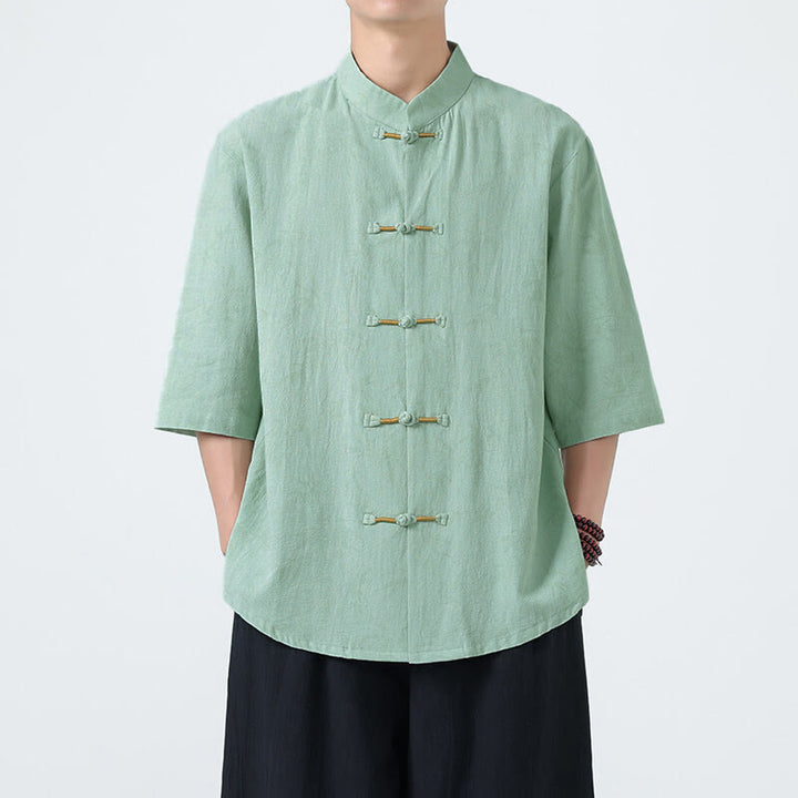 Buddha Stonesと竹の葉模様の夏用カエルボタンコットンリネン半袖メンズシャツ - アクアマリン - US/UK/AU46、 EU56 (5XL) - image 11