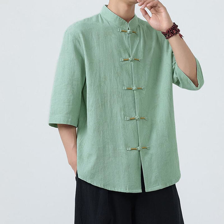 Buddha Stonesと竹の葉模様の夏用カエルボタンコットンリネン半袖メンズシャツ - image 13