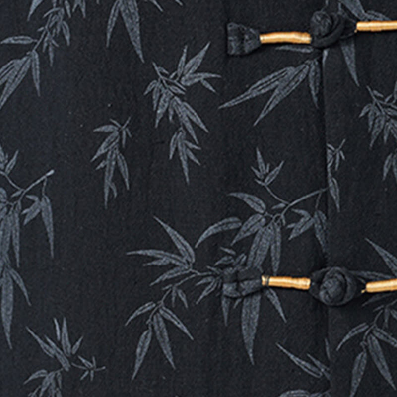 Buddha Stonesと竹の葉模様の夏用カエルボタンコットンリネン半袖メンズシャツ - image 3