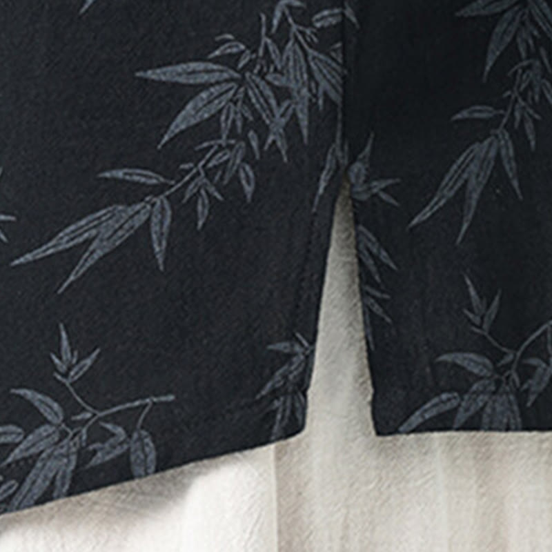 Buddha Stonesと竹の葉模様の夏用カエルボタンコットンリネン半袖メンズシャツ - image 6