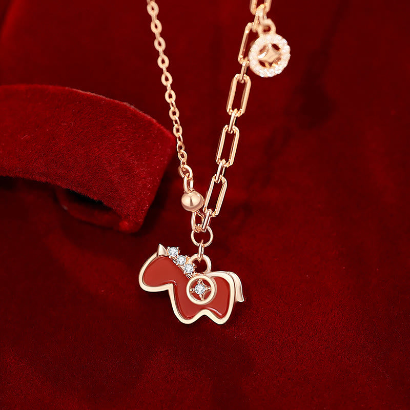 Buddha Stones馬年 レッドアゲート 925スターリングシルバー 自信のネックレスペンダント - レッドアゲート 925 スターリングシルバー 馬 - image 0