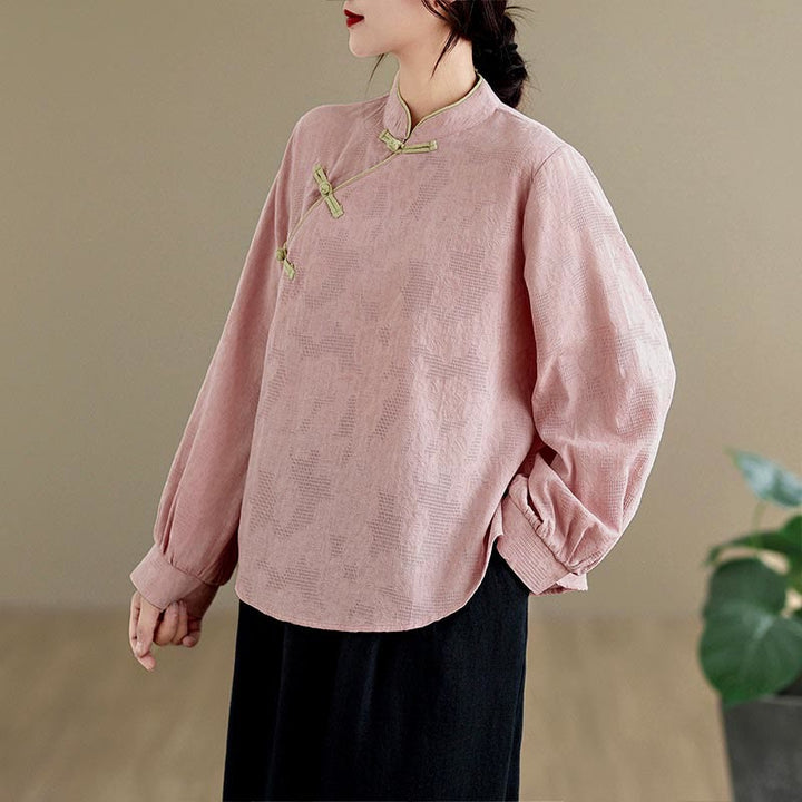 Buddha Stones春の伝統的な花柄フロッグボタンスタンドカラー長袖レディースコットンシャツ - image 8