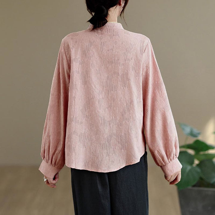 Buddha Stones春の伝統的な花柄フロッグボタンスタンドカラー長袖レディースコットンシャツ - image 9