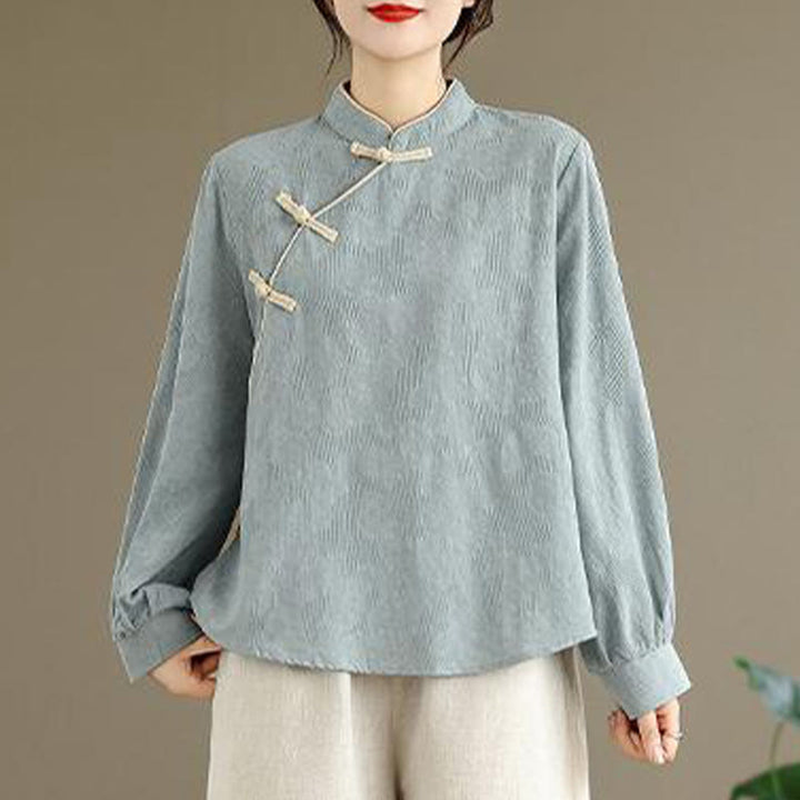 Buddha Stones春の伝統的な花柄フロッグボタンスタンドカラー長袖レディースコットンシャツ - ライトブルー - US8-10，UK/AU12-14，EU40-42 (2XL) - image 0