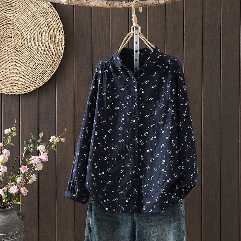 Buddha Stones秋 小花柄 ボタンダウンデザイン 長袖 レディース コットンシャツ - スティールブルー - US8-10，UK/AU12-14，EU40-42 (2XL) - image 0