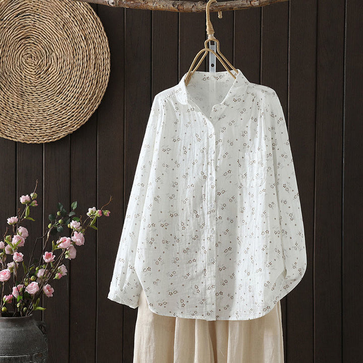 Buddha Stones秋 小花柄 ボタンダウンデザイン 長袖 レディース コットンシャツ - 白 - US8-10，UK/AU12-14，EU40-42 (2XL) - image 11