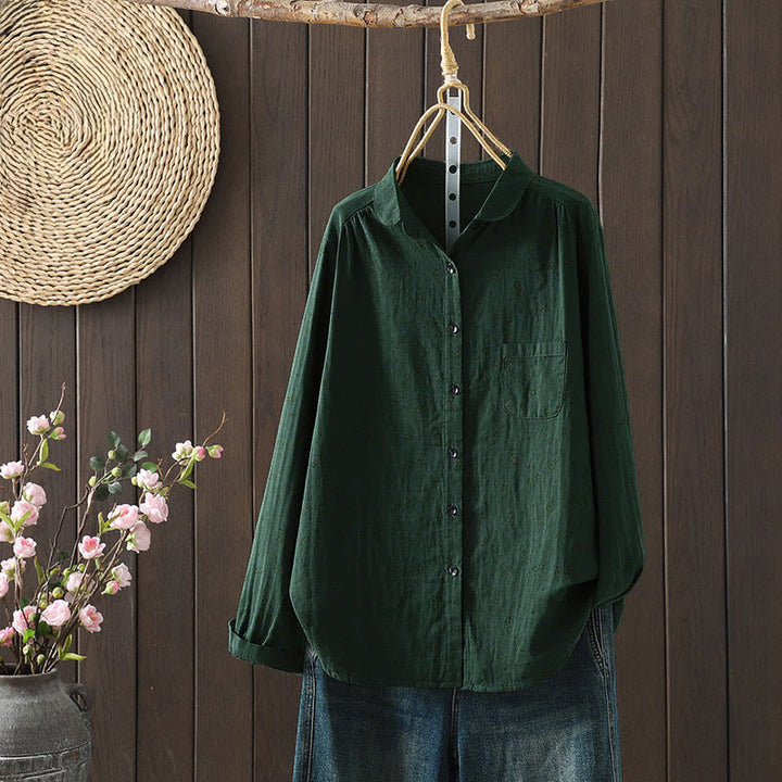 Buddha Stones秋 小花柄 ボタンダウンデザイン 長袖 レディース コットンシャツ - ダークグリーン - US8-10，UK/AU12-14，EU40-42 (2XL) - image 17