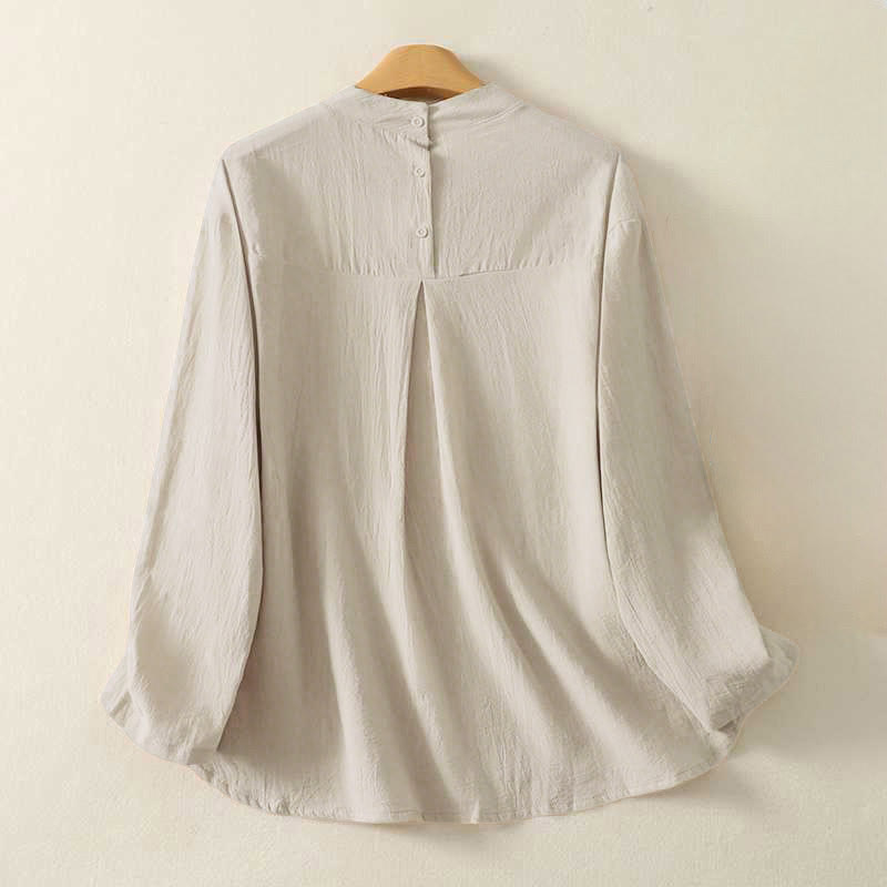 Buddha Stones秋 無地 クルーネック バック3つボタンデザイン レディース コットン 長袖シャツ - image 1