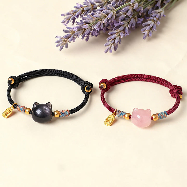 Buddha Stones キャットフーキャラクター シルバーシーンオブシディアン ピンククリスタルストリング守護ブレスレット - image 17