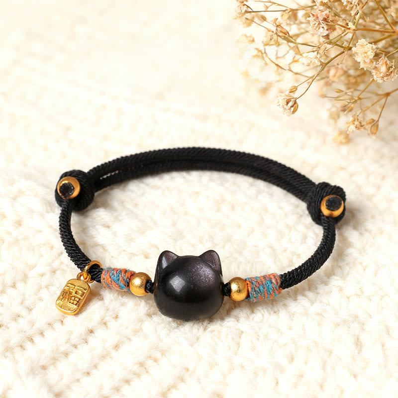 Buddha Stones キャットフーキャラクター シルバーシーンオブシディアン ピンククリスタルストリング守護ブレスレット - シルバーシーンオブシディアンブラックロープ（手首周り：15～18cm） - image 0