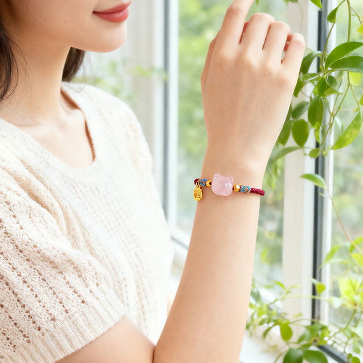 Buddha Stones キャットフーキャラクター シルバーシーンオブシディアン ピンククリスタルストリング守護ブレスレット - image 11