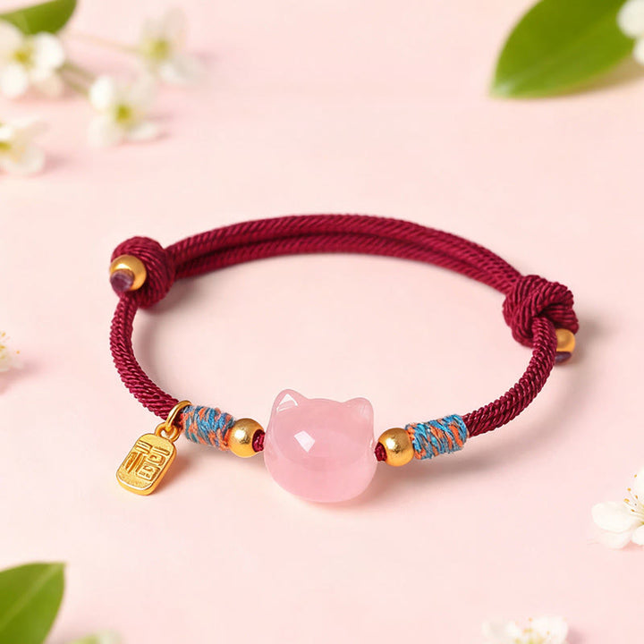 Buddha Stones キャットフーキャラクター シルバーシーンオブシディアン ピンククリスタルストリング守護ブレスレット - image 8