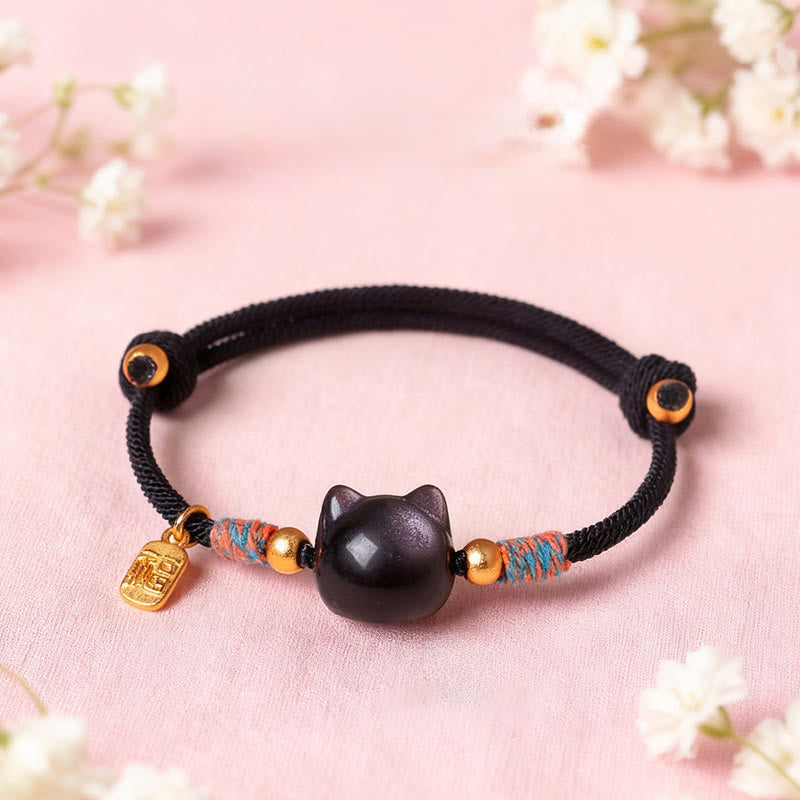 Buddha Stones キャットフーキャラクター シルバーシーンオブシディアン ピンククリスタルストリング守護ブレスレット - image 1
