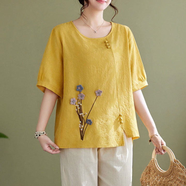 Buddha Stones 立体花柄クルーネック半袖コットンレディースシャツ - 黄色 - US12、 UK/AU16、 EU44 (3XL) - image 9