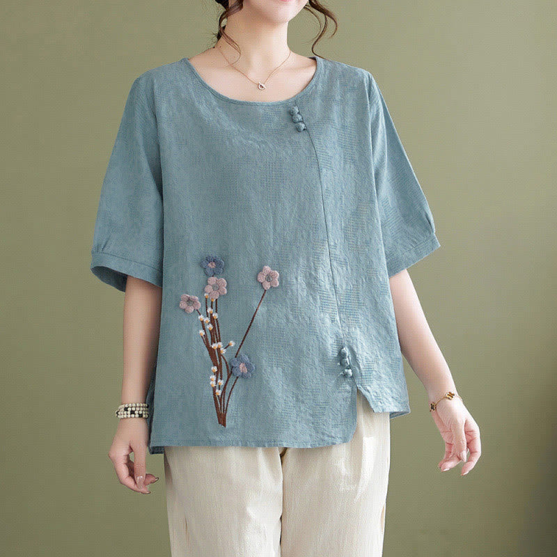 Buddha Stones 立体花柄クルーネック半袖コットンレディースシャツ - ライトブルー - US12、 UK/AU16、 EU44 (3XL) - image 0