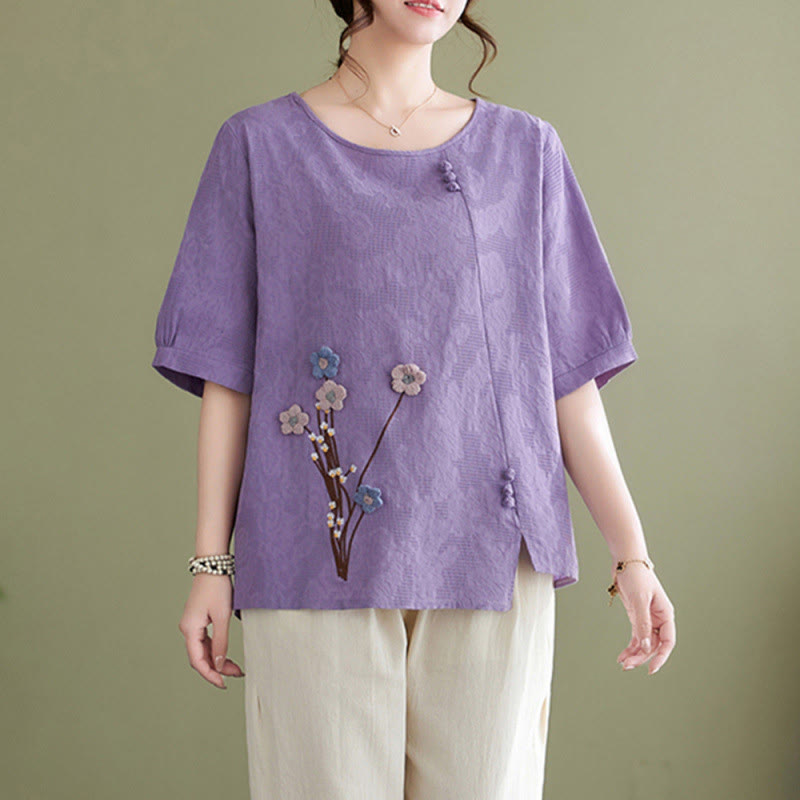 Buddha Stones 立体花柄クルーネック半袖コットンレディースシャツ - 梅 - US12、 UK/AU16、 EU44 (3XL) - image 1