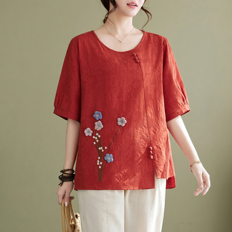 Buddha Stones 立体花柄クルーネック半袖コットンレディースシャツ - トマト - US12、 UK/AU16、 EU44 (3XL) - image 6