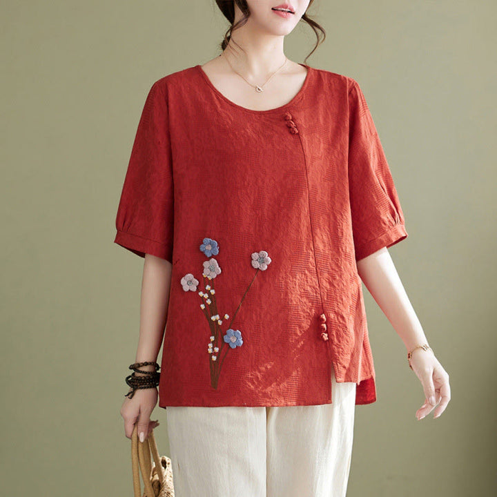 Buddha Stones 立体花柄クルーネック半袖コットンレディースシャツ - トマト - US12、 UK/AU16、 EU44 (3XL) - image 6