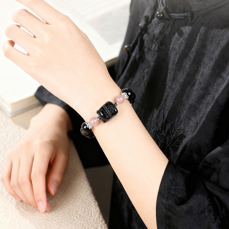 Buddha Stones キャットシルバーシーンオブシディアンストロベリークォーツ守護ブレスレット - image 4