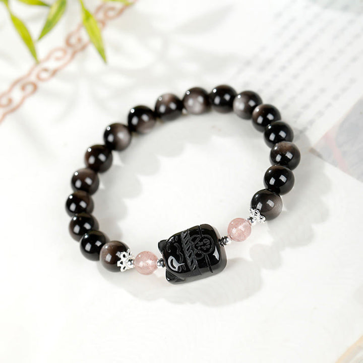 Buddha Stones キャットシルバーシーンオブシディアンストロベリークォーツ守護ブレスレット - image 1