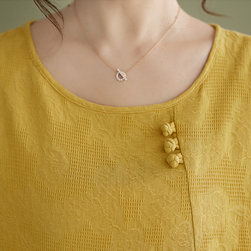 Buddha Stones 立体花柄クルーネック半袖コットンレディースシャツ - image 11