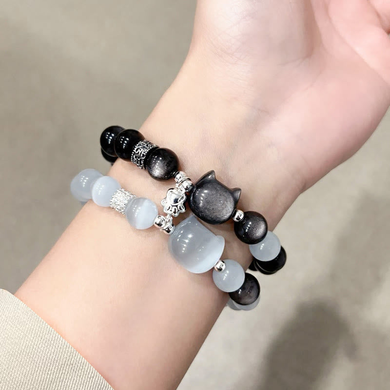 Buddha Stones キャットヘッド ホワイトキャッツアイ シルバーシーンオブシディアン幸運を呼ぶブレスレット - image 17