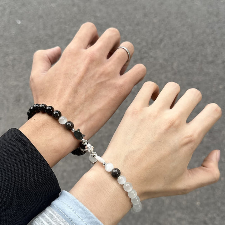 Buddha Stones キャットヘッド ホワイトキャッツアイ シルバーシーンオブシディアン幸運を呼ぶブレスレット - image 8