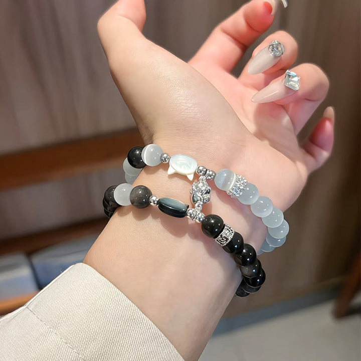 Buddha Stones キャットヘッド ホワイトキャッツアイ シルバーシーンオブシディアン幸運を呼ぶブレスレット - image 15