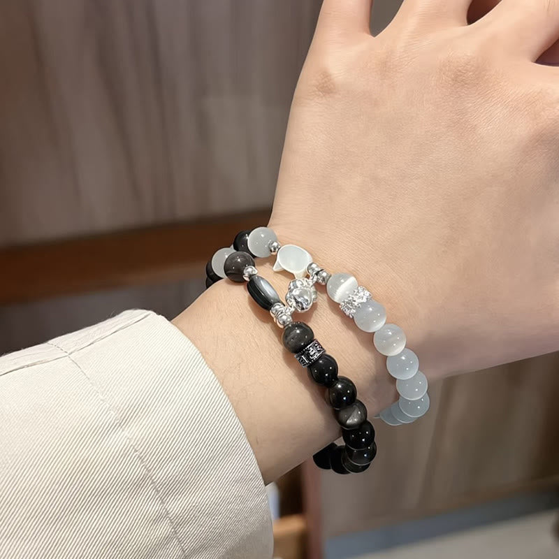 Buddha Stones キャットヘッド ホワイトキャッツアイ シルバーシーンオブシディアン幸運を呼ぶブレスレット - image 7