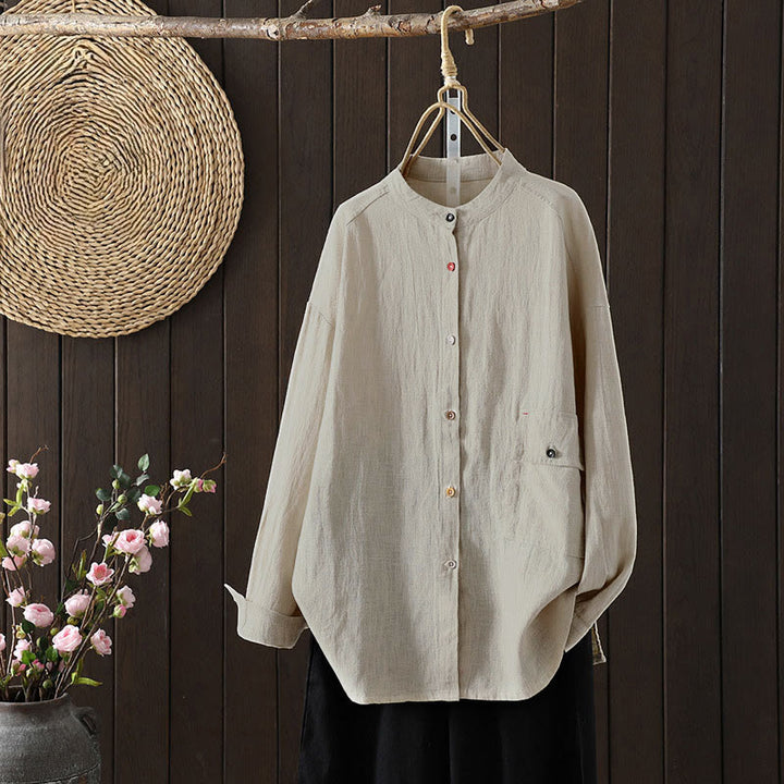 Buddha Stones 秋冬 無地 クルーネック カラフル ボタンダウンデザイン レディース コットン 長袖シャツ - リネン - US8-10，UK/AU12-14，EU40-42 (2XL) - image 5