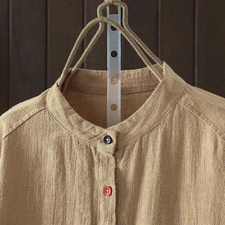 Buddha Stones 秋冬 無地 クルーネック カラフル ボタンダウンデザイン レディース コットン 長袖シャツ - image 1