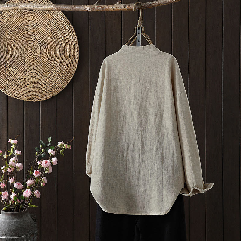 Buddha Stones 秋冬 無地 クルーネック カラフル ボタンダウンデザイン レディース コットン 長袖シャツ - image 6