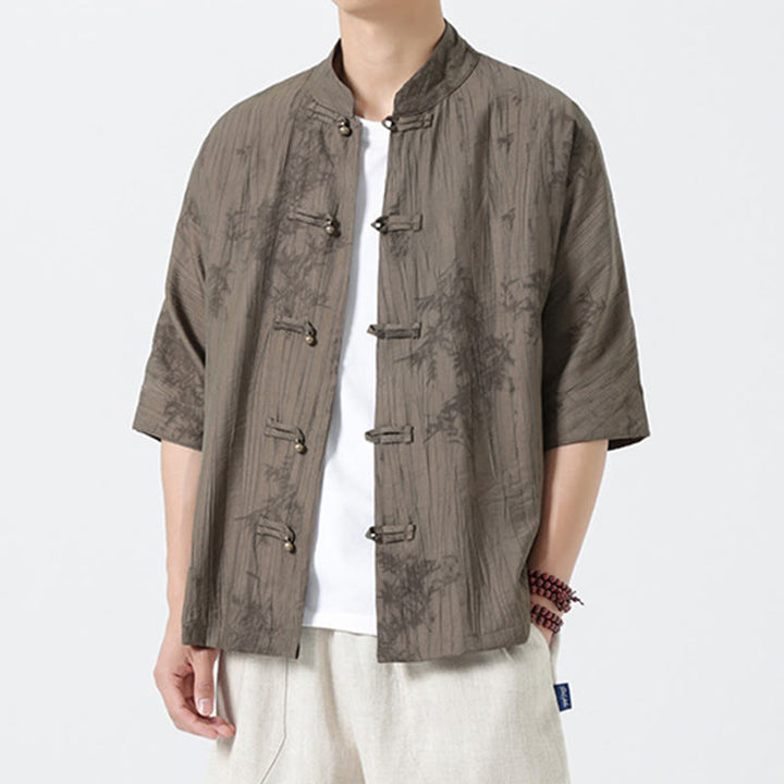 Buddha Stones 夏 松葉柄 半袖 カエルボタンデザイン メンズシャツ - image 3