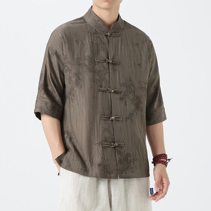 Buddha Stones 夏 松葉柄 半袖 カエルボタンデザイン メンズシャツ - image 1