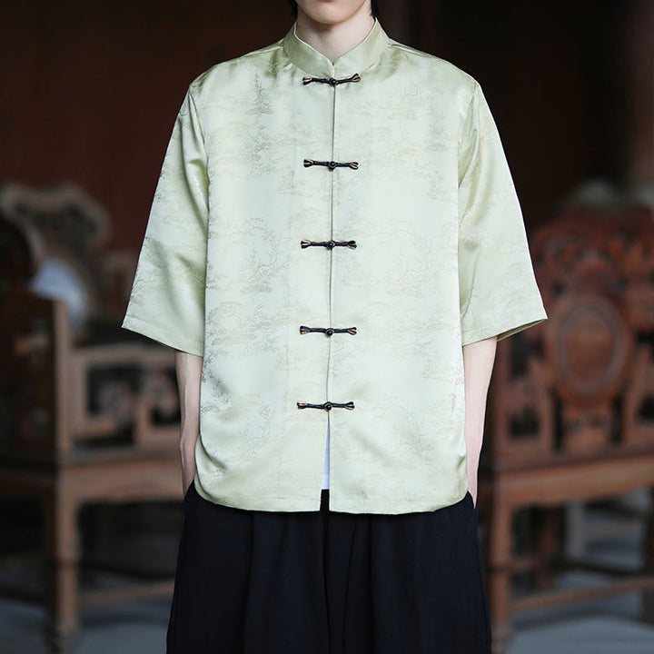 Buddha Stones 夏 松山柄 半袖 カエルボタンデザイン メンズシャツ - image 1