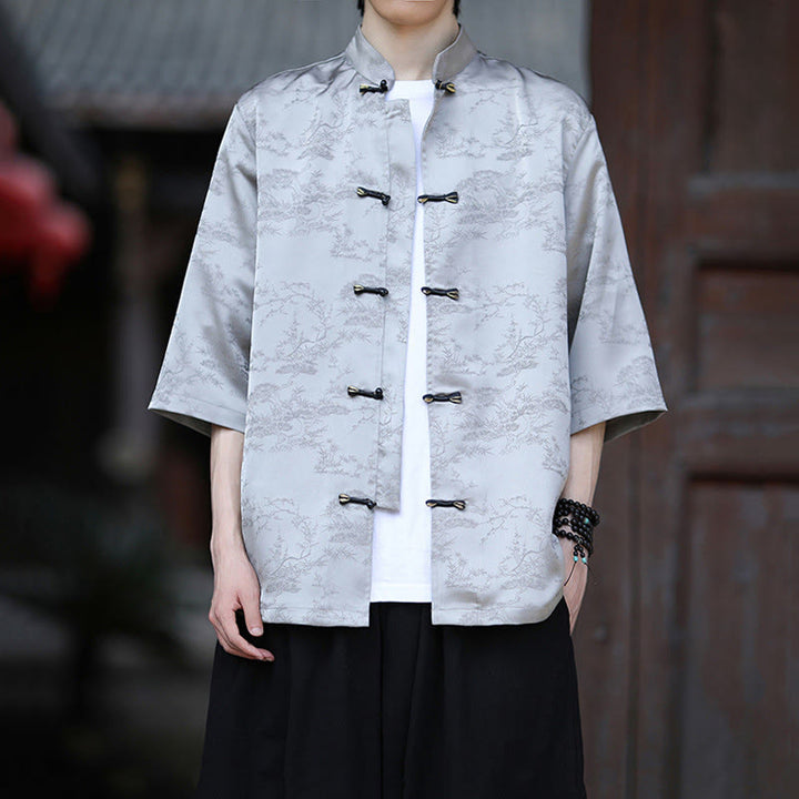 Buddha Stones 夏 松山柄 半袖 カエルボタンデザイン メンズシャツ - ゲインズボロ - US/UK/AU46、 EU56 (5XL) - image 7