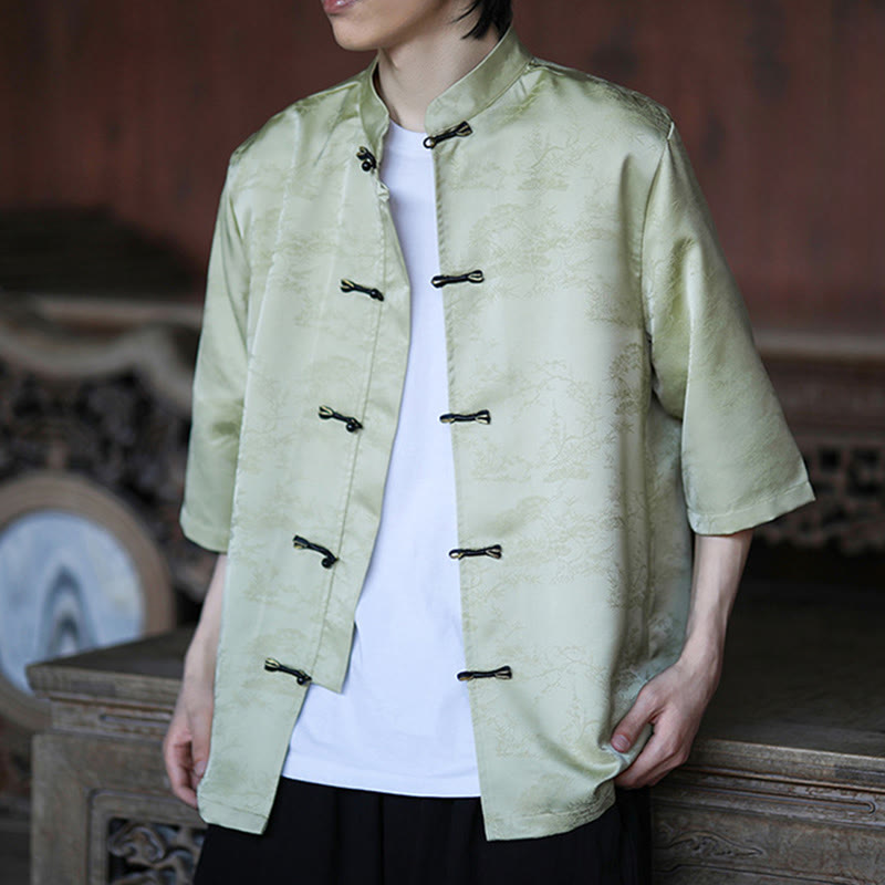 Buddha Stones 夏 松山柄 半袖 カエルボタンデザイン メンズシャツ - image 3