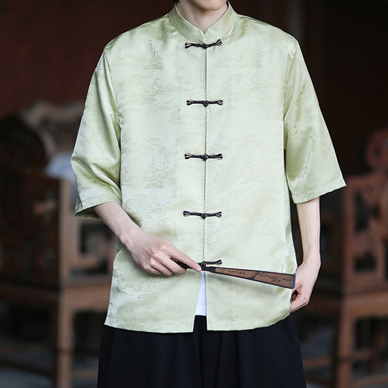 Buddha Stones 夏 松山柄 半袖 カエルボタンデザイン メンズシャツ - image 2